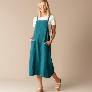 Teal Linen Overall Dress Medium Made in Hawaii Pinafore Apron Style Pockets
